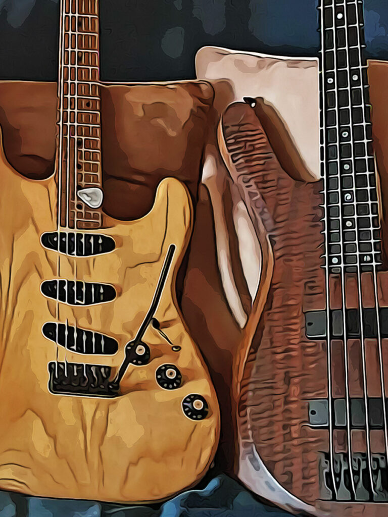 Stylized photograph of electric guitar and acoustic bass at Desert Heart Recording Studio