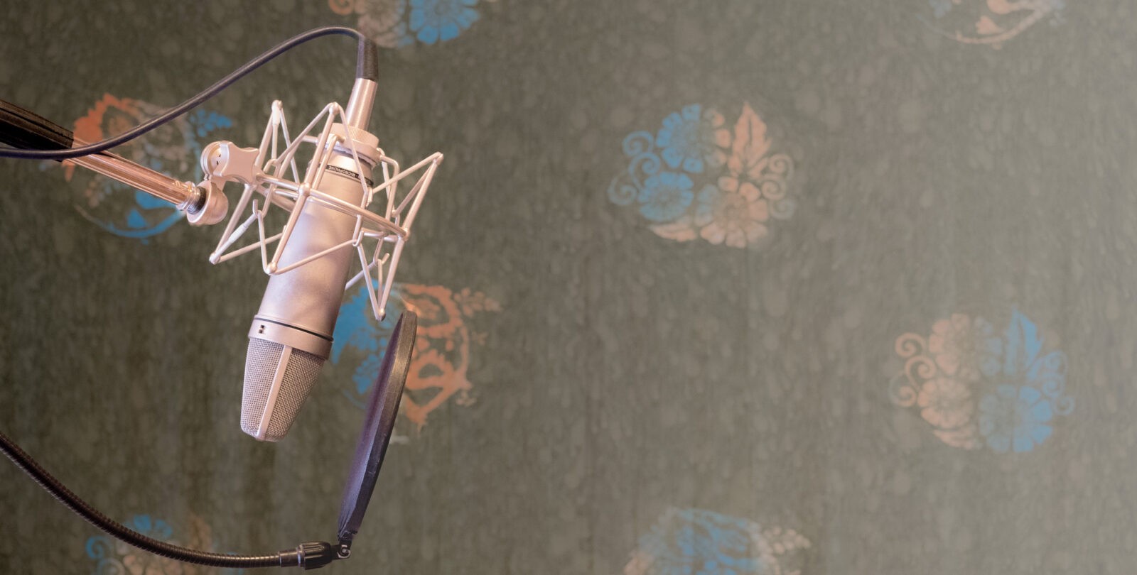 Closeup of Neumann U87 microphone in front of colorful tapestry in Desert Heart Studio's Santa Fe recording room, specializing in audiobook, podcast, and guided meditation sessions